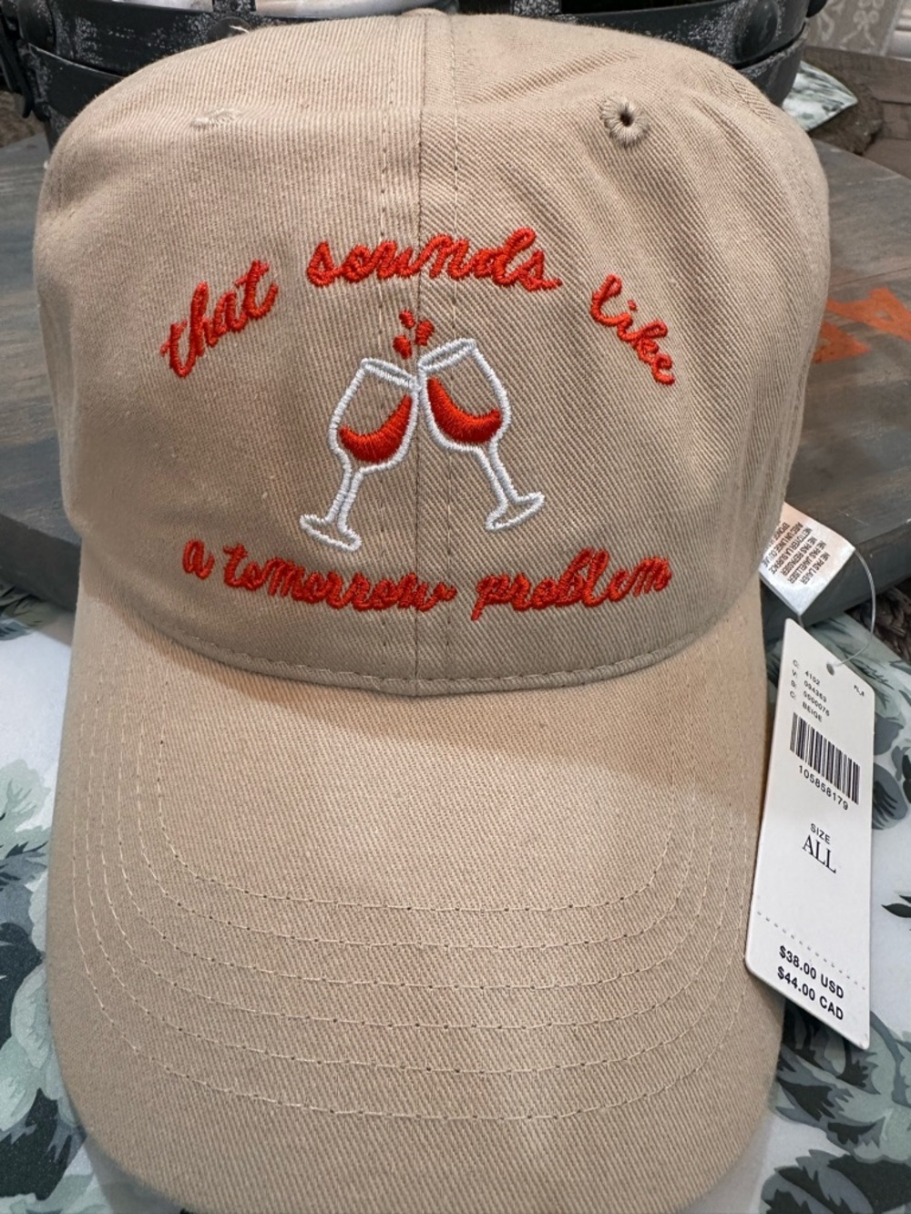 Anthropologie Beige Baseball Cap with Red Wine Glass Embroidery